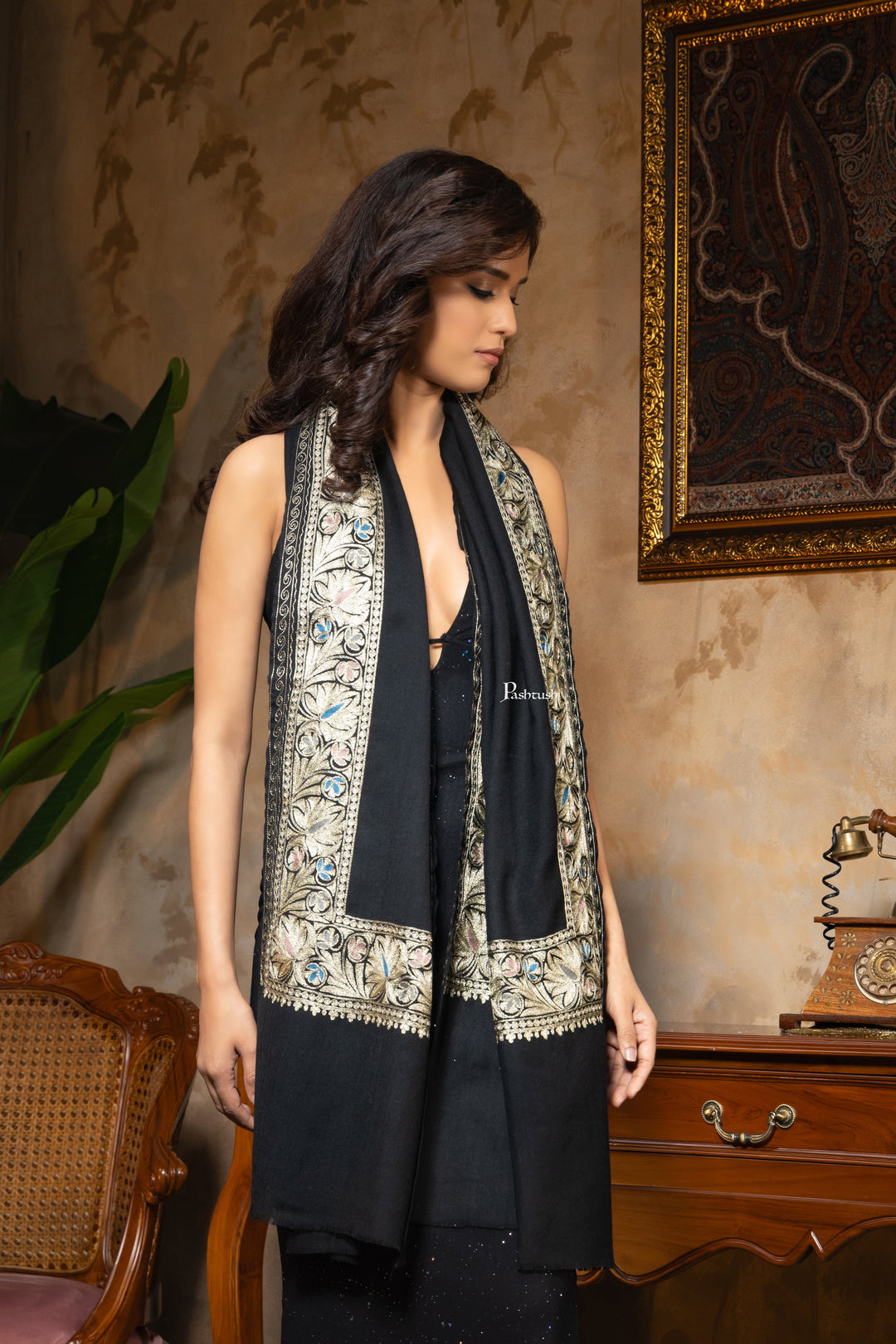 Pashtush India Womens Stoles and Scarves Scarf Pashtush Womens Fine Wool Stole, Nalki Embroidery Design, Black