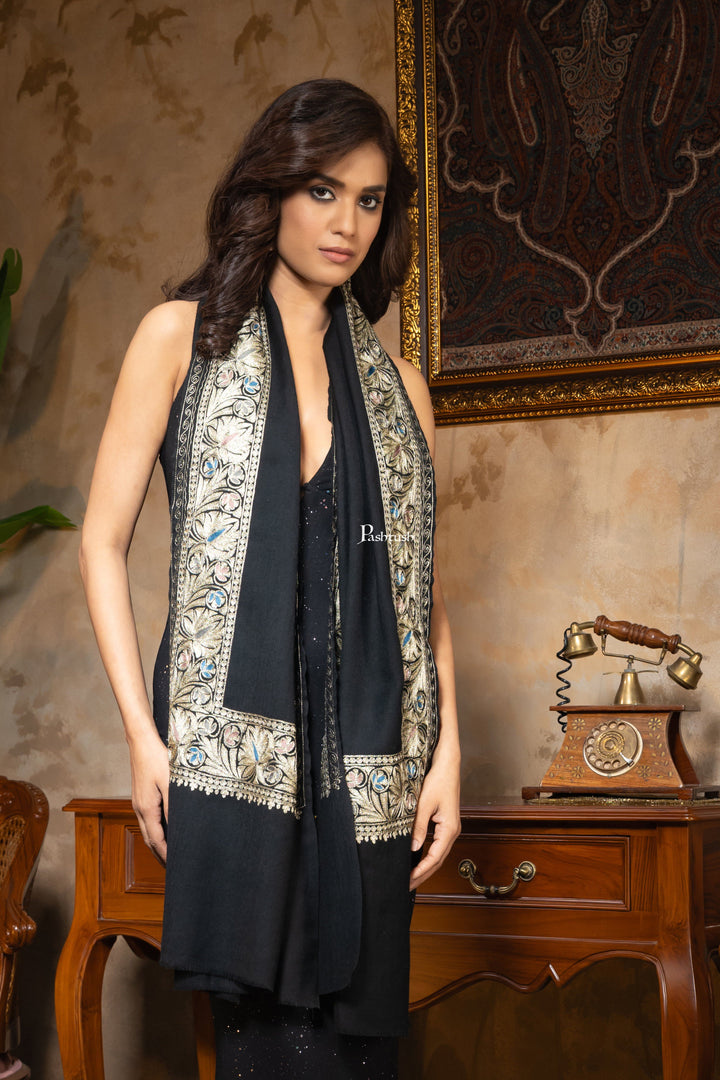 Pashtush India Womens Stoles and Scarves Scarf Pashtush Womens Fine Wool Stole, Nalki Embroidery Design, Black