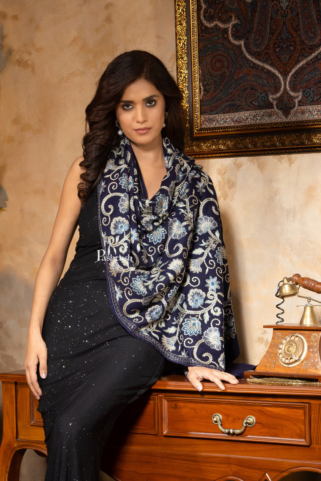 Pashtush India Womens Shawls Pashtush Womens Fine Wool Stole, Nalki Embroidery  Design, Blue