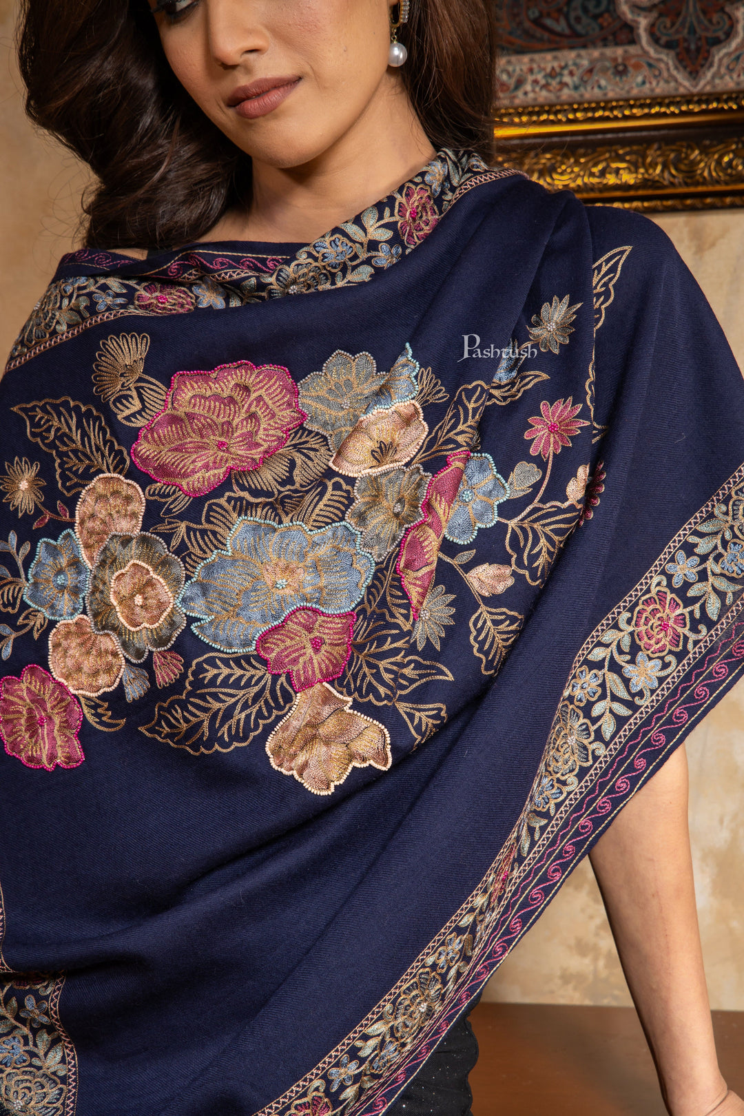 Pashtush India Womens Stoles and Scarves Scarf Pashtush Womens Fine Wool Stole, Nalki Embroidery  Design, Blue