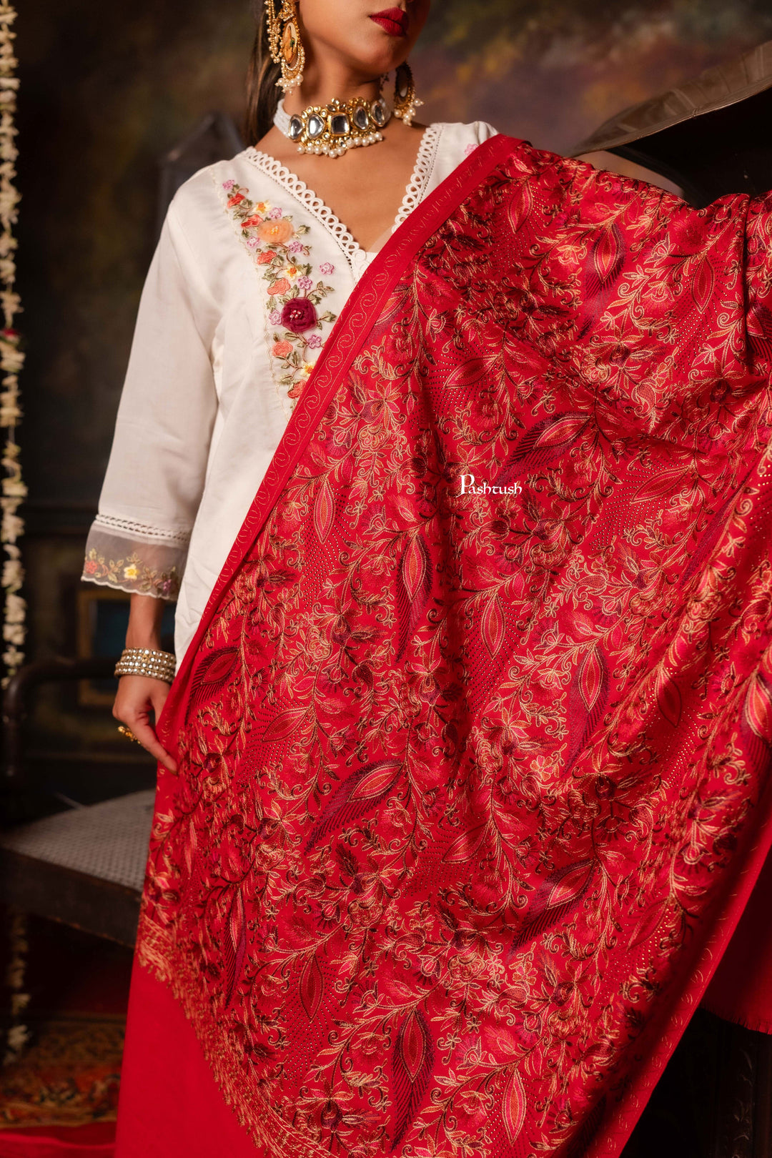 Pashtush India Womens Stoles Pashtush Womens Fine Wool Stole, Nalki Embroidery Design, Maroon