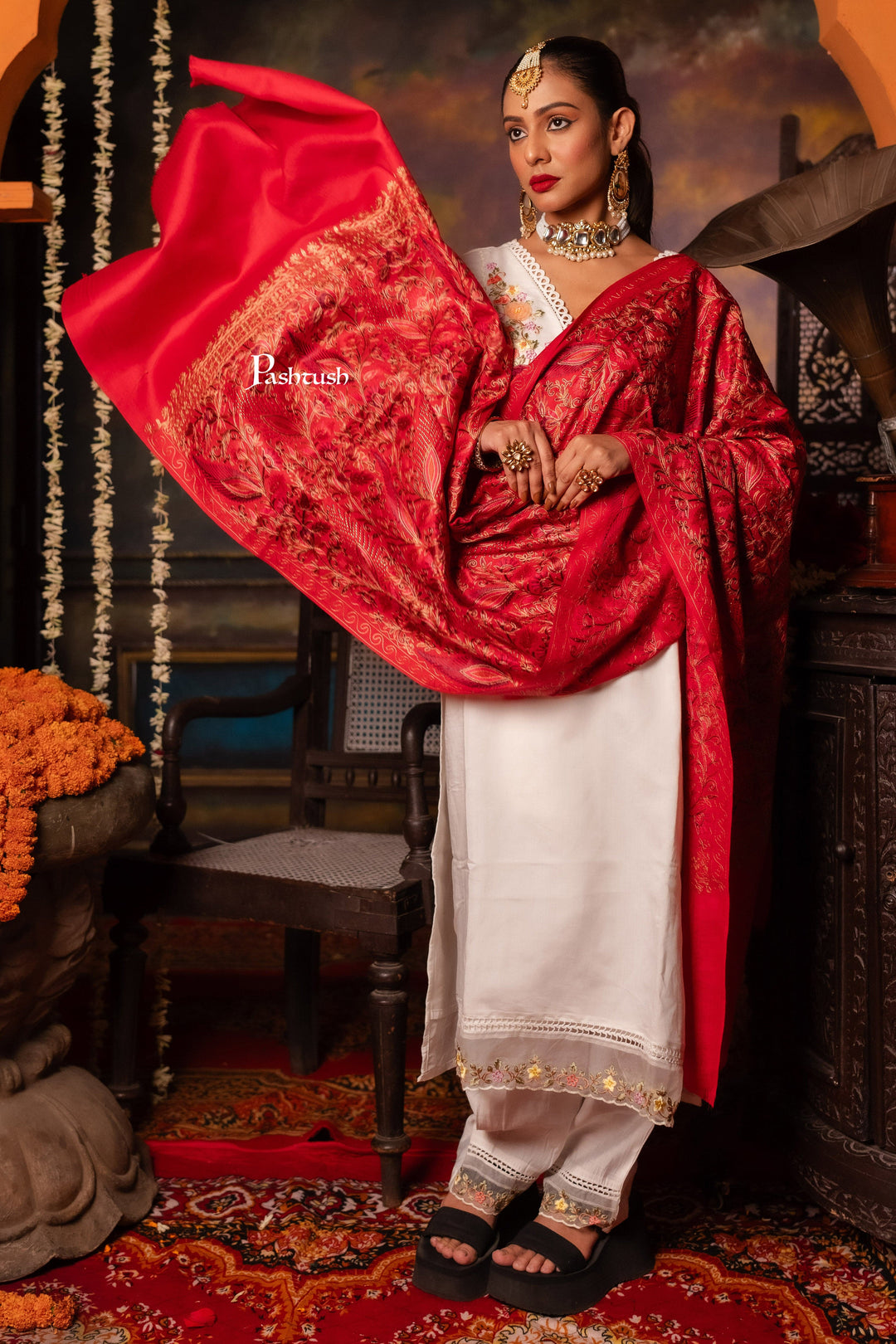 Pashtush India Womens Stoles Pashtush Womens Fine Wool Stole, Nalki Embroidery Design, Maroon