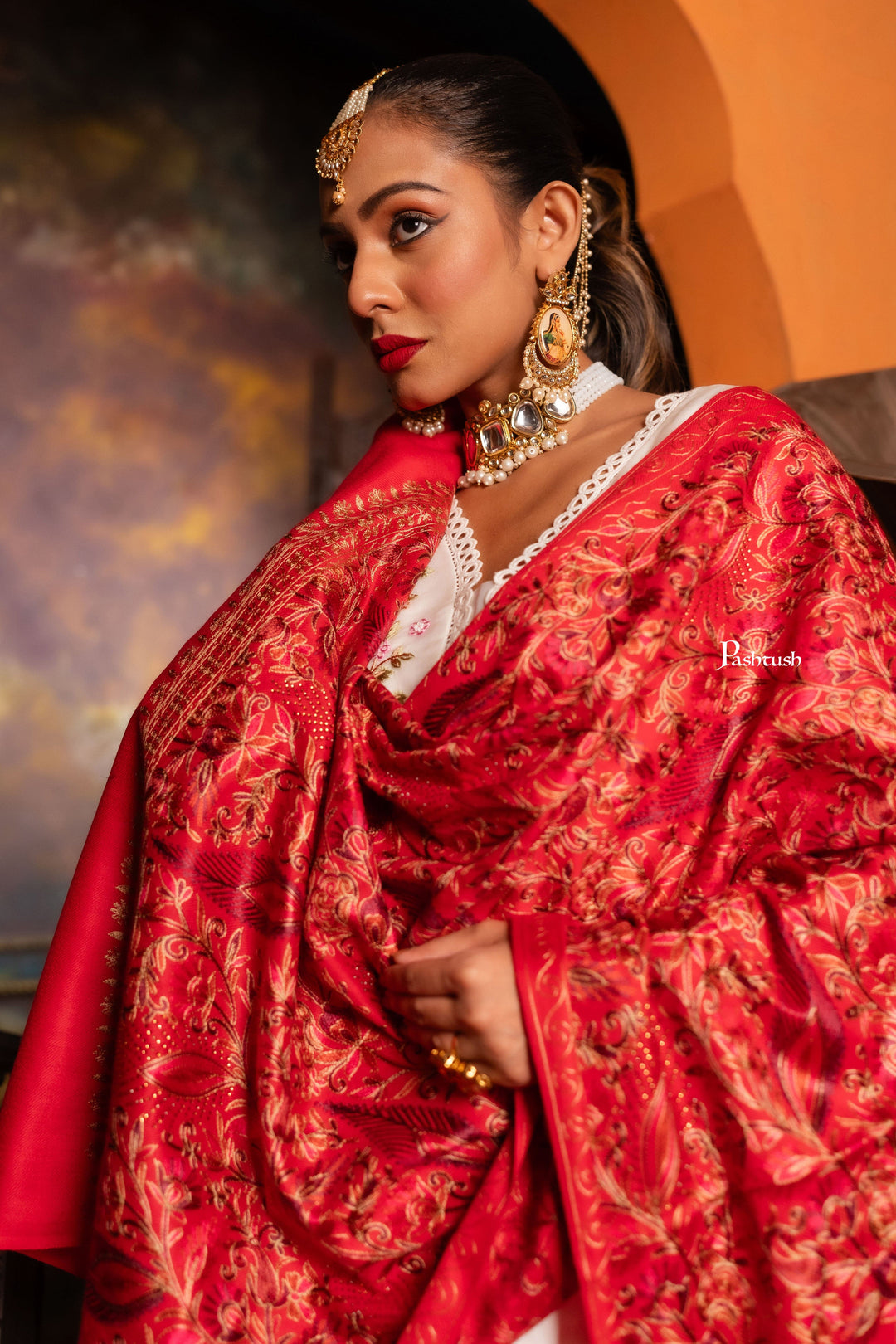 Pashtush India Womens Stoles Pashtush Womens Fine Wool Stole, Nalki Embroidery Design, Maroon