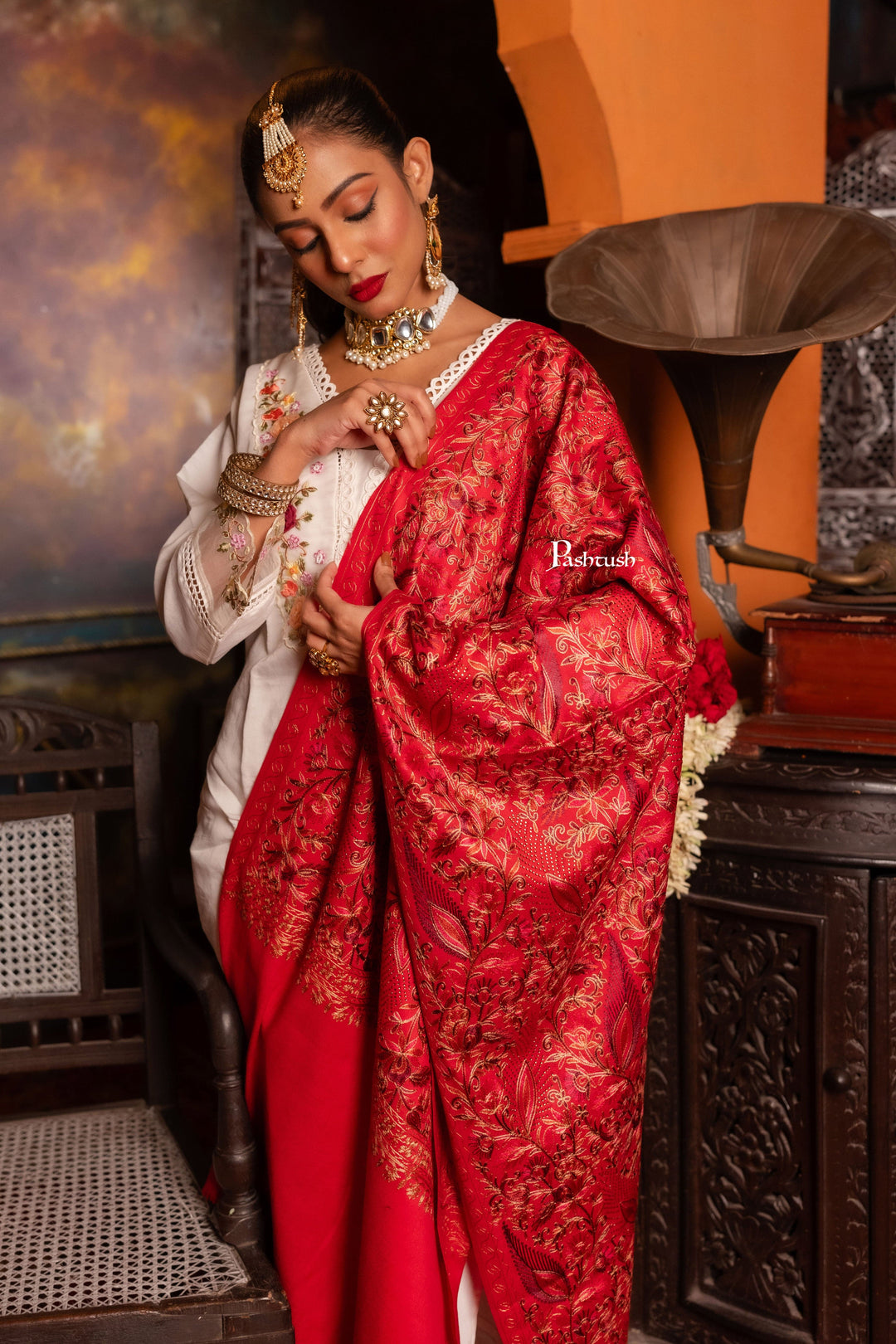 Pashtush India Womens Stoles Pashtush Womens Fine Wool Stole, Nalki Embroidery Design, Maroon