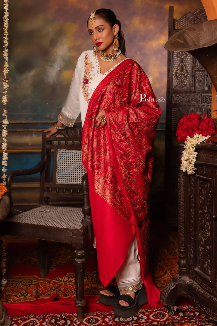 Pashtush India Womens Stoles Pashtush Womens Fine Wool Stole, Nalki Embroidery Design, Maroon