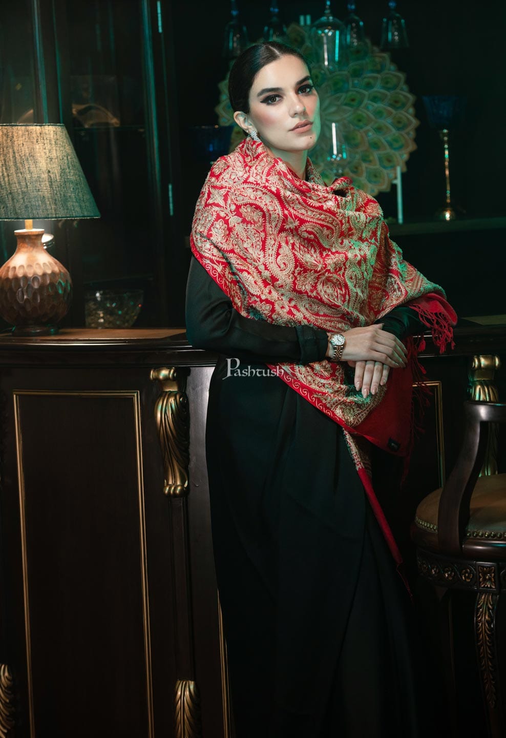Pashtush India Womens Shawls Pashtush womens Fine Wool Stole, nalki embroidery design, Red