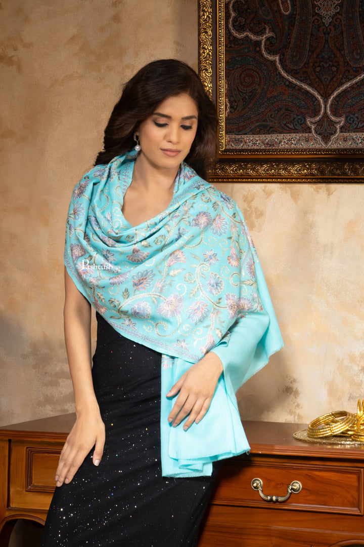 Pashtush India Womens Stoles and Scarves Scarf Pashtush Womens Fine Wool Stole, Nalki Embroidery  Design, Seagreen