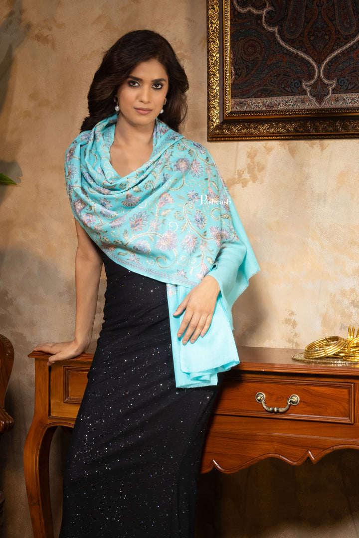 Pashtush India Womens Stoles and Scarves Scarf Pashtush Womens Fine Wool Stole, Nalki Embroidery  Design, Seagreen