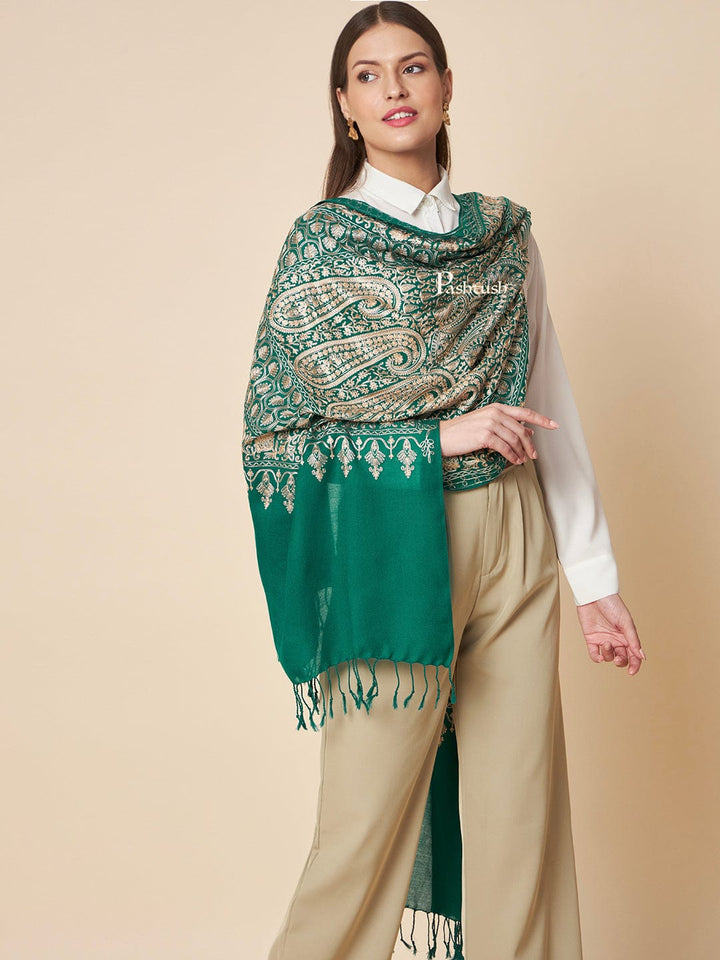 Pashtush India Womens Stoles and Scarves Scarf Pashtush Womens Fine Wool Stole, Nalki Embroidery With Paisleys Design, Bottle Green
