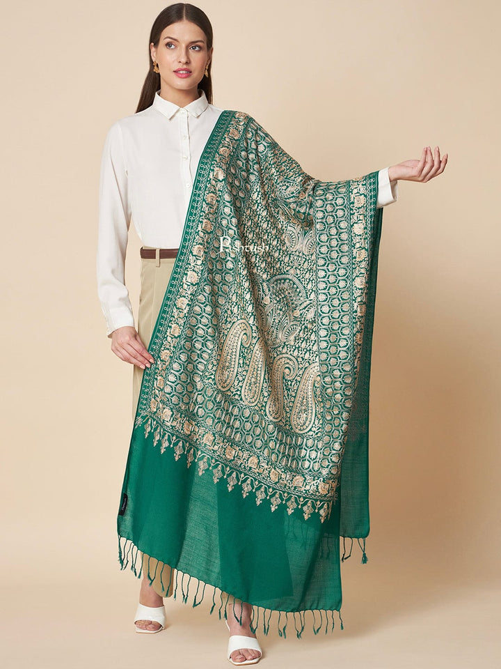 Pashtush India Womens Stoles and Scarves Scarf Pashtush Womens Fine Wool Stole, Nalki Embroidery With Paisleys Design, Bottle Green