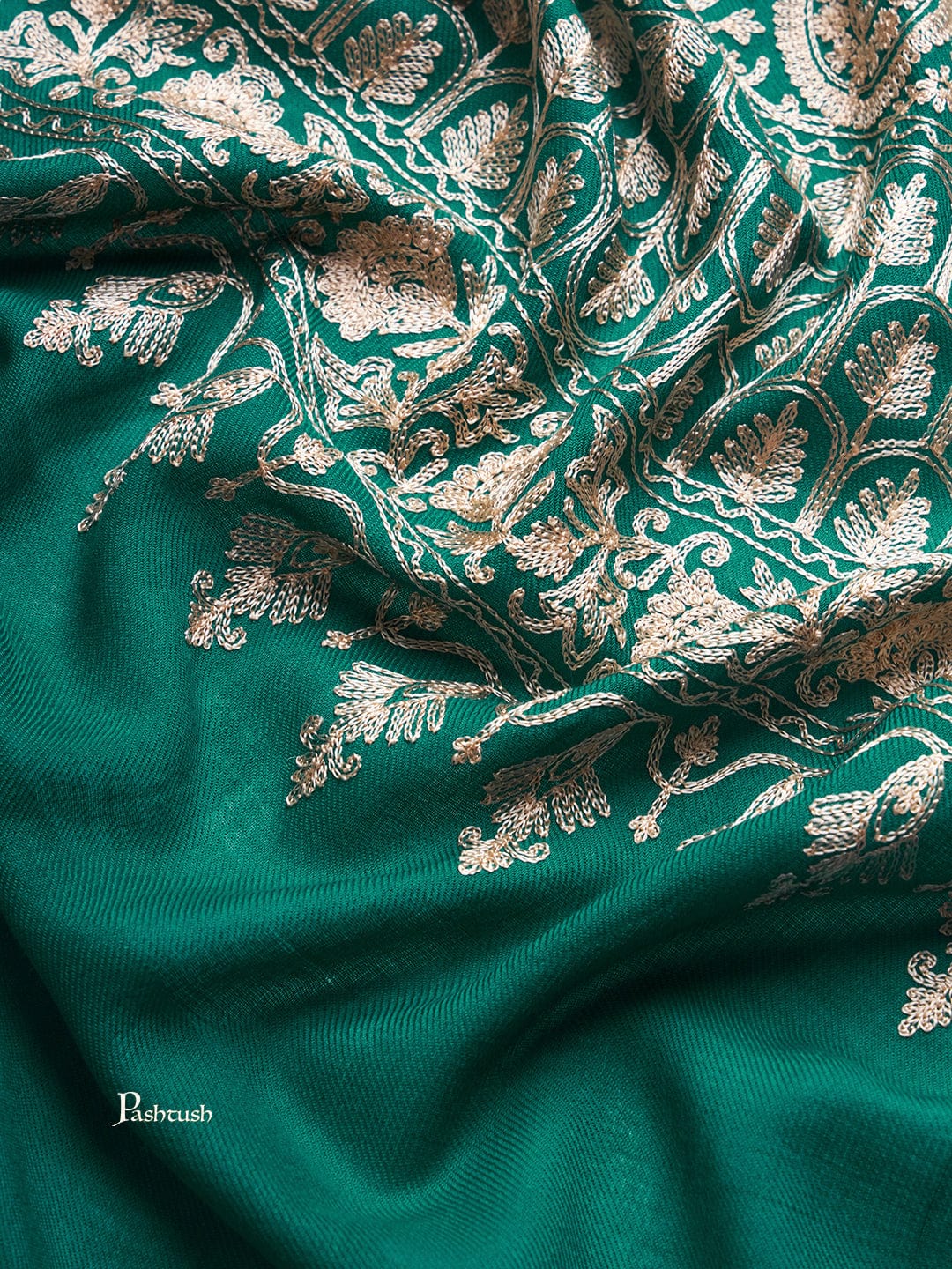 Pashtush India Womens Stoles and Scarves Scarf Pashtush Womens Fine Wool Stole, Nalki Embroidery With Paisleys Design, Bottle Green