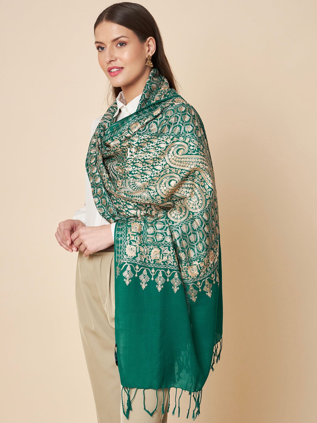 Pashtush India Womens Stoles and Scarves Scarf Pashtush Womens Fine Wool Stole, Nalki Embroidery With Paisleys Design, Bottle Green