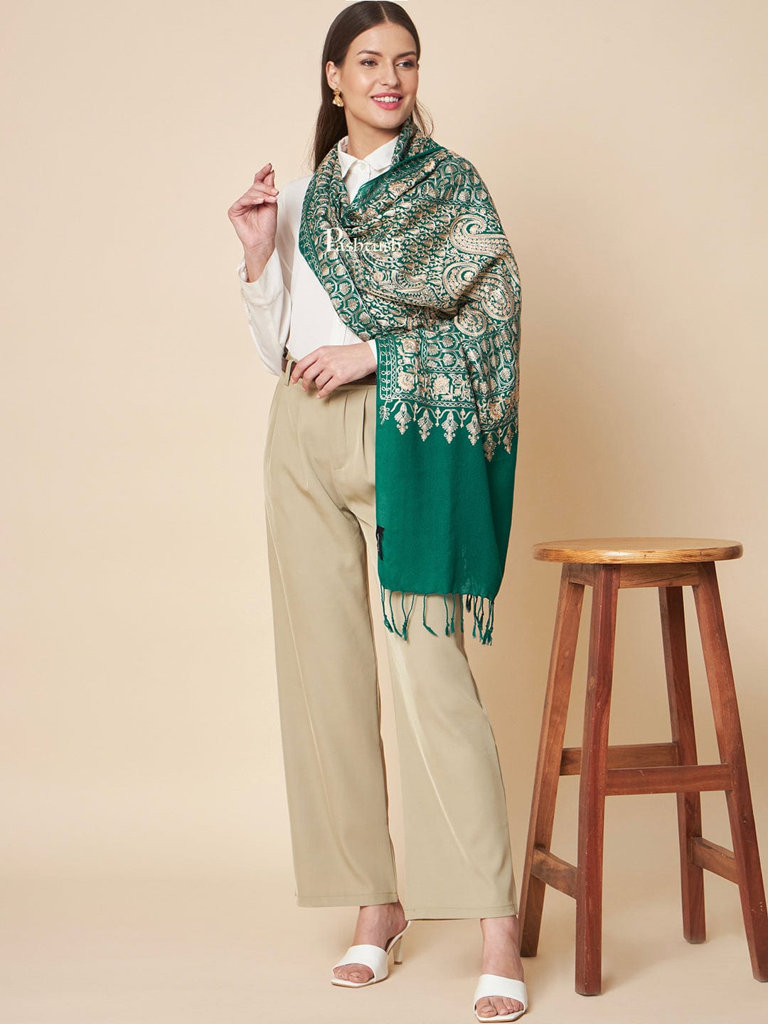 Pashtush India Womens Stoles and Scarves Scarf Pashtush Womens Fine Wool Stole, Nalki Embroidery With Paisleys Design, Bottle Green