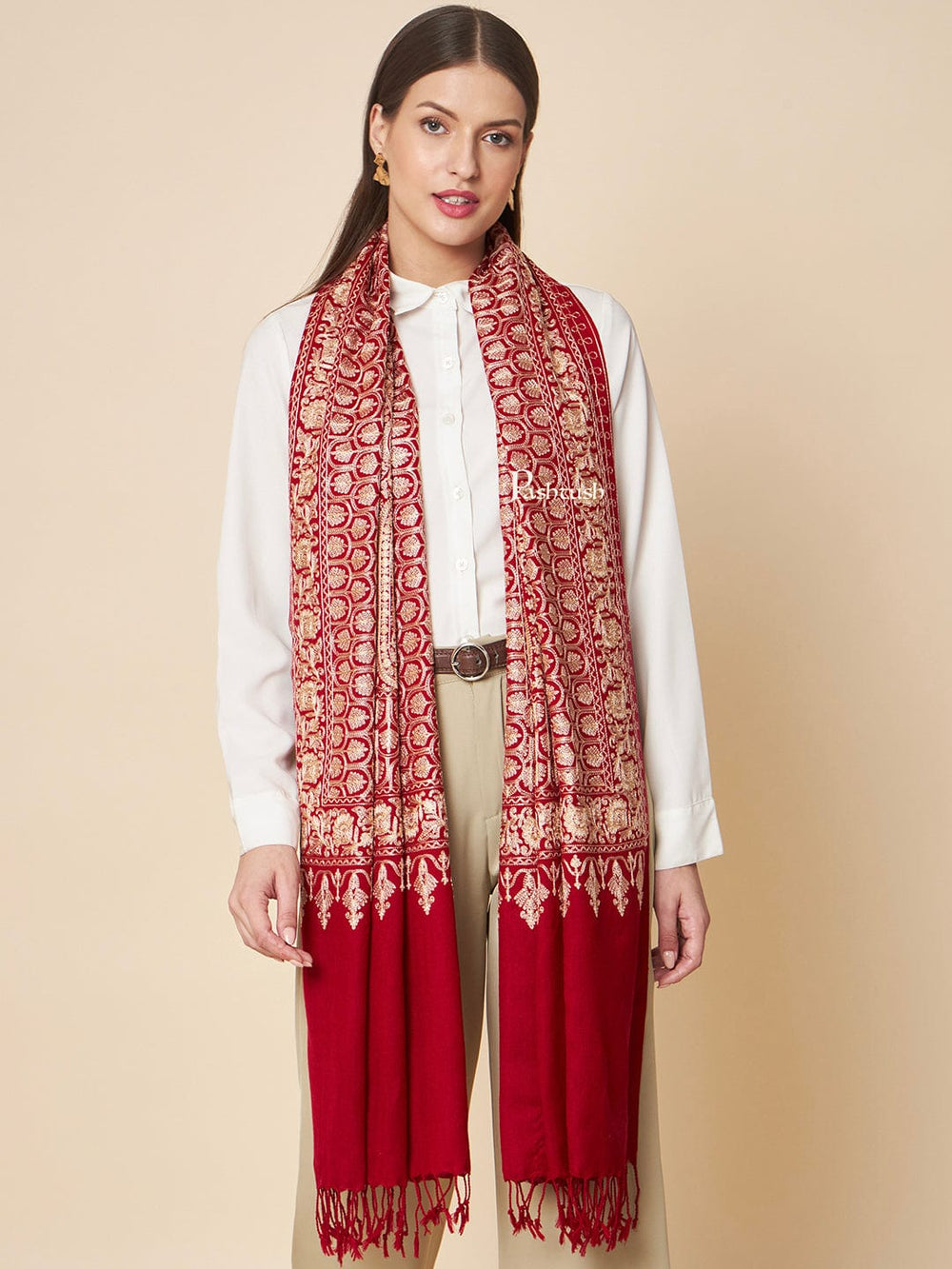 Pashtush India Womens Stoles and Scarves Scarf Pashtush Womens Fine Wool Stole, Nalki Embroidery With Paisleys Design, Maroon