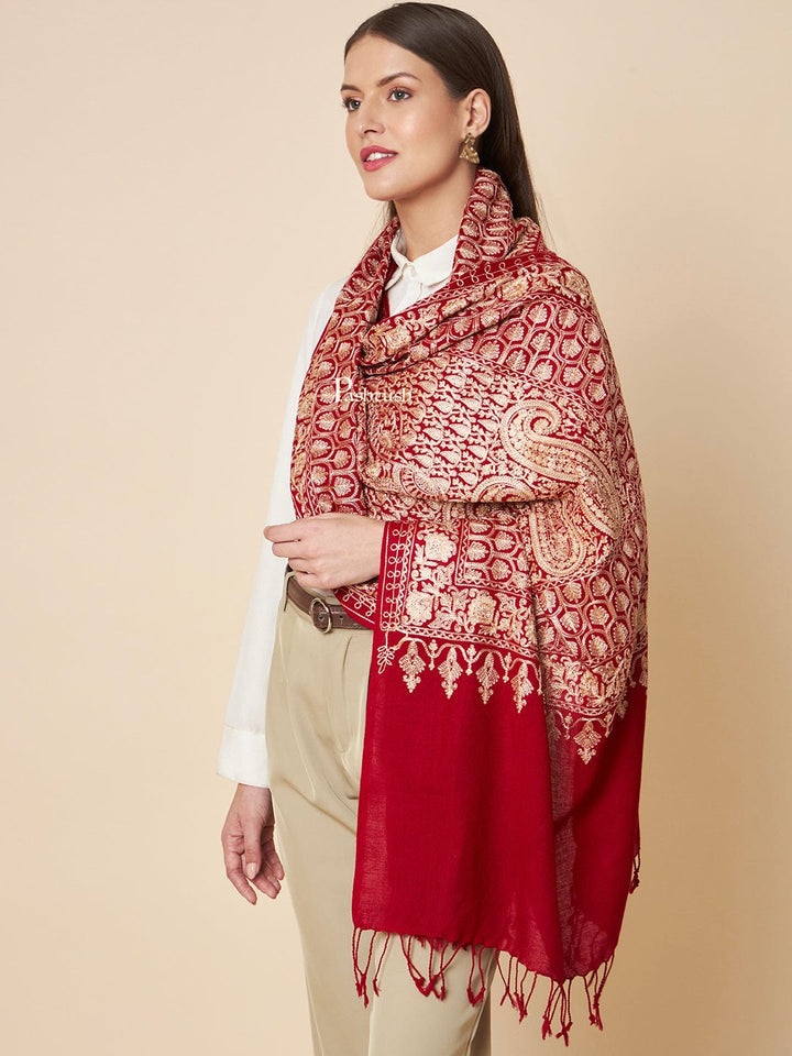 Pashtush India Womens Stoles and Scarves Scarf Pashtush Womens Fine Wool Stole, Nalki Embroidery With Paisleys Design, Maroon