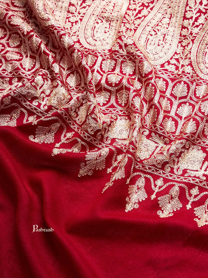 Pashtush India Womens Stoles and Scarves Scarf Pashtush Womens Fine Wool Stole, Nalki Embroidery With Paisleys Design, Maroon