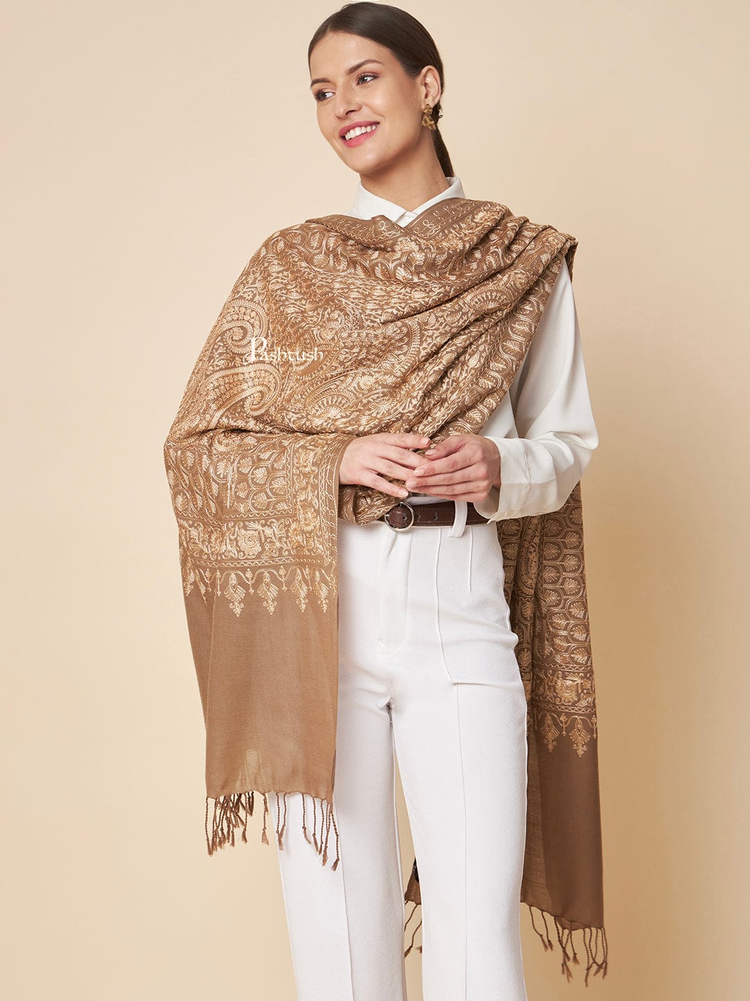Pashtush India Womens Stoles and Scarves Scarf Pashtush Womens Fine Wool Stole, Nalki Embroidery With Paisleys Design, Taupe