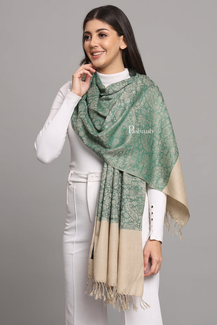 Pashtush India Womens Stoles Pashtush Womens Fine Wool Stole, Pasiley  Design, Beige And Green