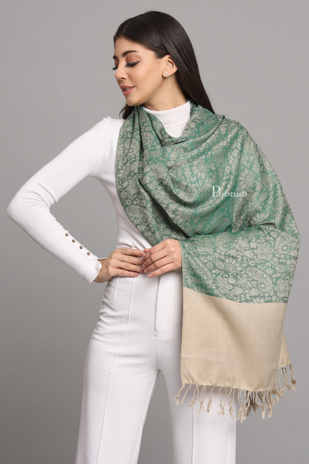 Pashtush India Womens Stoles Pashtush Womens Fine Wool Stole, Pasiley  Design, Beige And Green