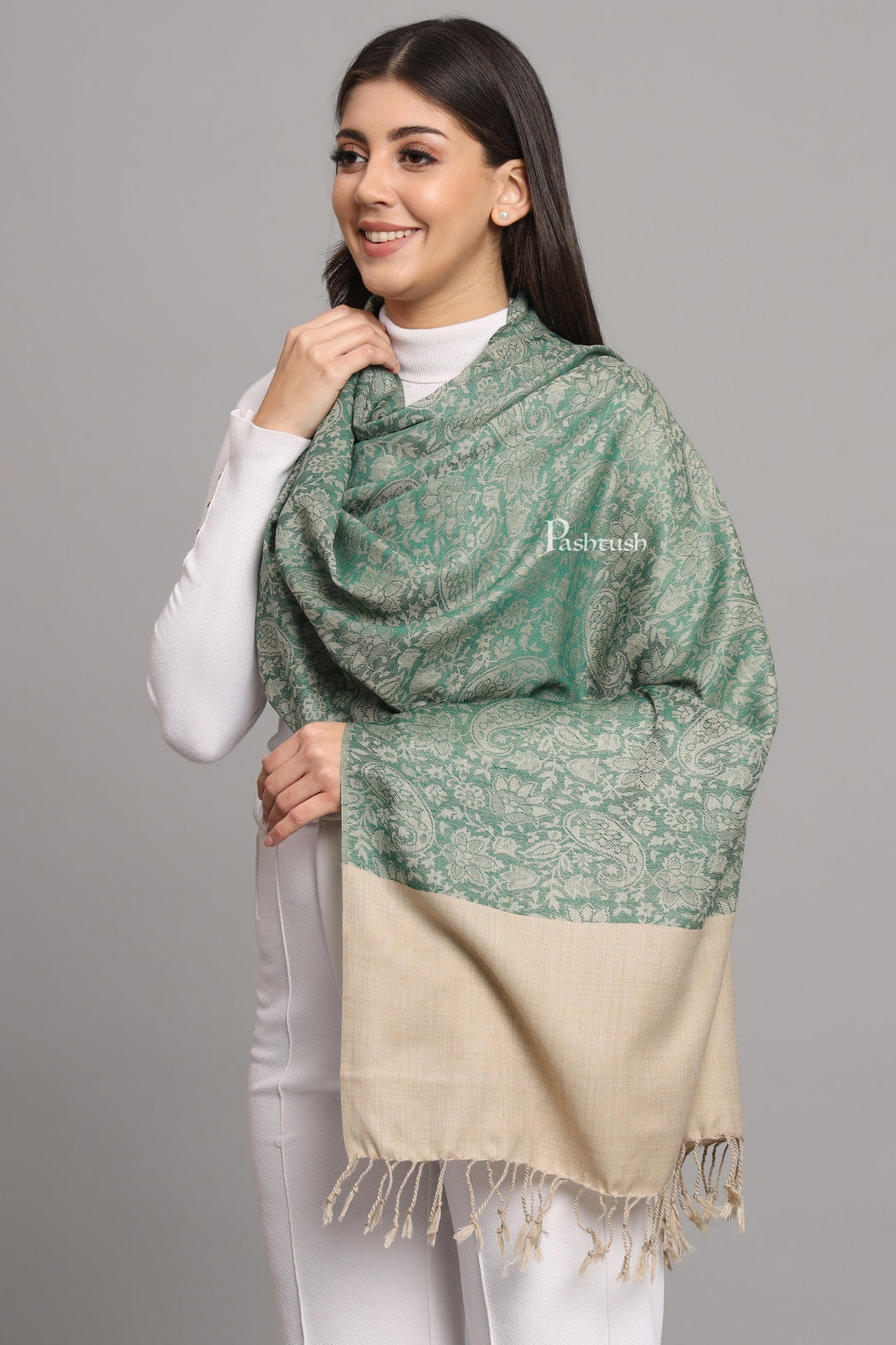 Pashtush India Womens Stoles Pashtush Womens Fine Wool Stole, Pasiley  Design, Beige And Green