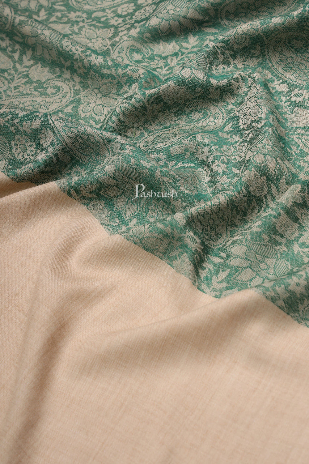 Pashtush India Womens Stoles Pashtush Womens Fine Wool Stole, Pasiley  Design, Beige And Green