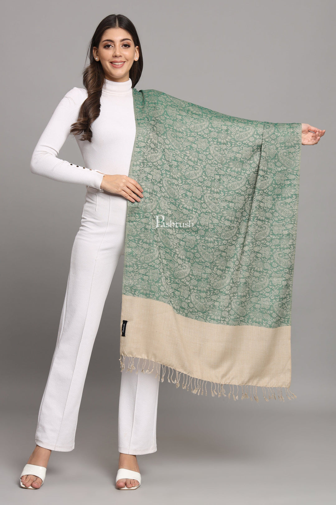Pashtush India Womens Stoles Pashtush Womens Fine Wool Stole, Pasiley  Design, Beige And Green