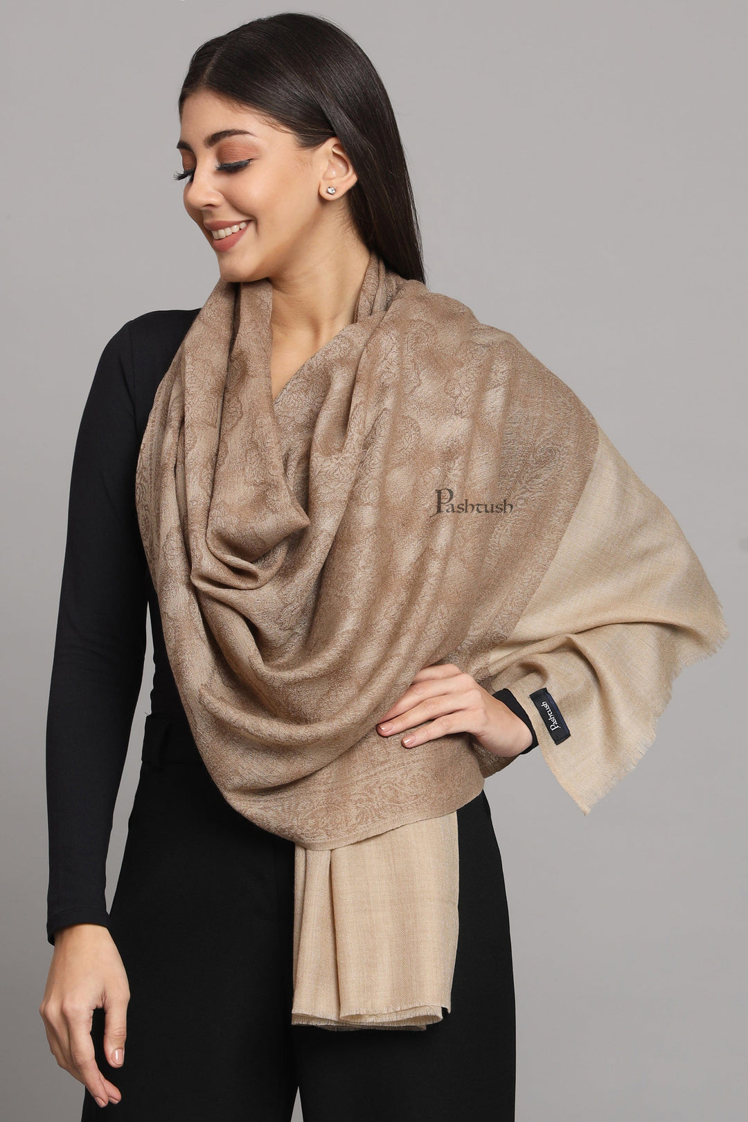Pashtush India Womens Stoles and Scarves Scarf Pashtush womens Fine Wool stole, pasiley weave design, Taupe