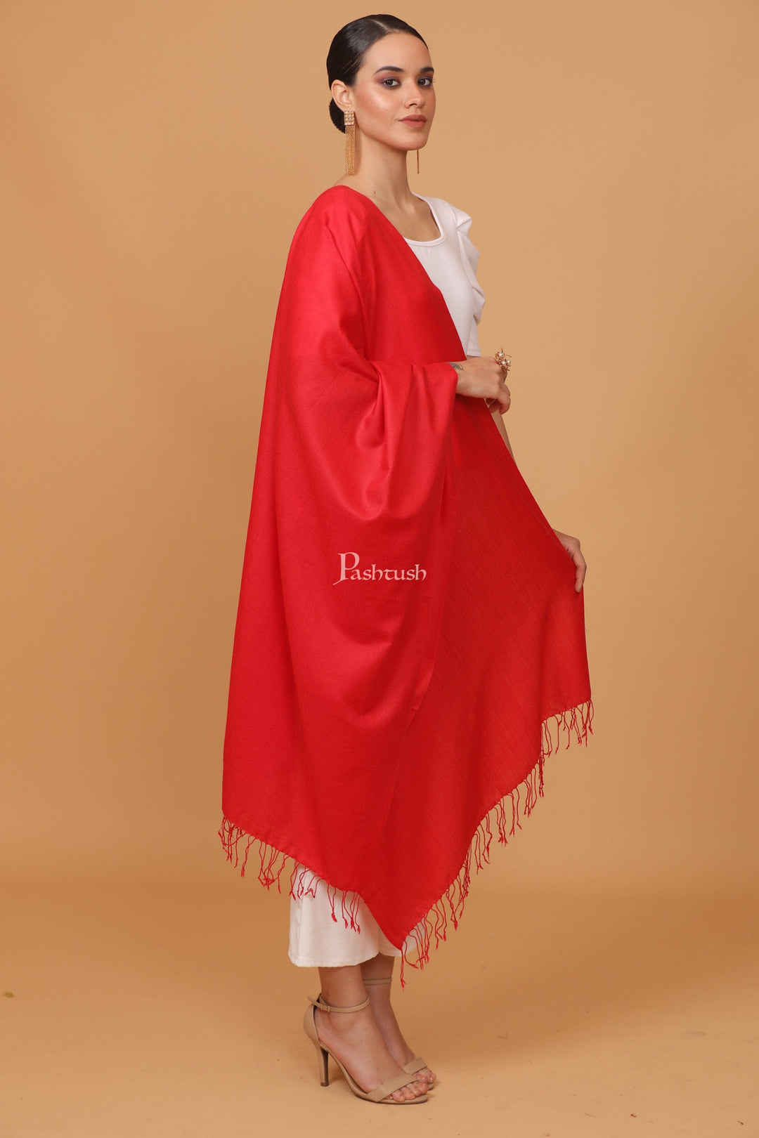 Pashtush India Womens Stoles and Scarves Scarf Pashtush womens Fine Wool stole, plain design, Red