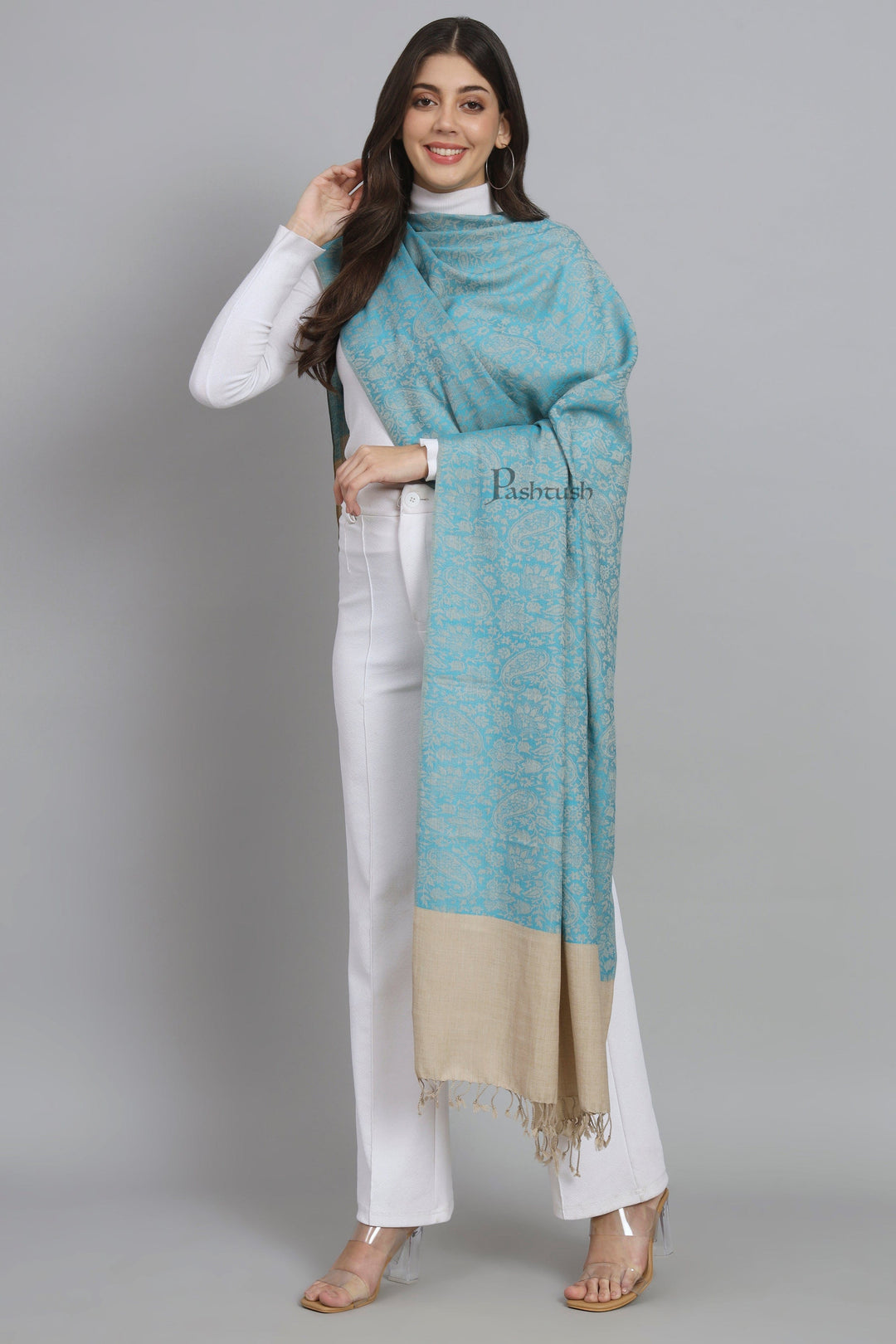 Pashtush India Womens Stoles and Scarves Scarf Pashtush Womens Fine Wool Stole, Self Paisley Weave, Woven Design, Arabic Sea Blue