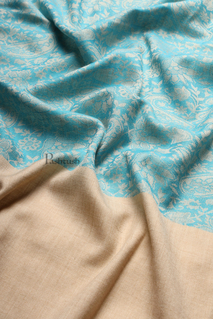 Pashtush India Womens Stoles and Scarves Scarf Pashtush Womens Fine Wool Stole, Self Paisley Weave, Woven Design, Arabic Sea Blue