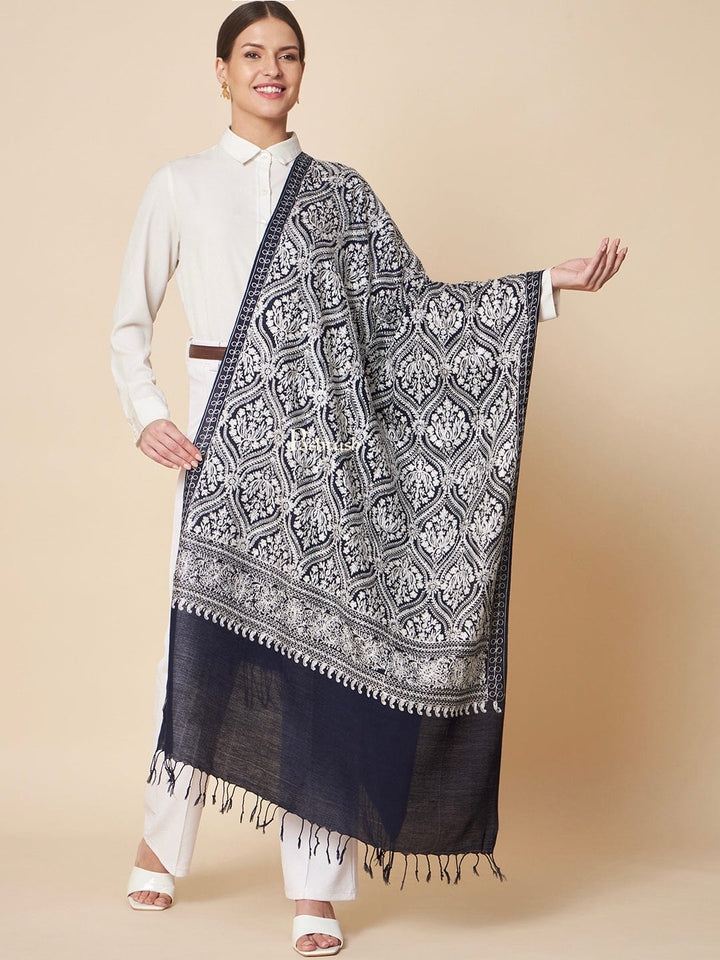 Pashtush India Womens Stoles and Scarves Scarf Pashtush Womens Fine Wool Stole, Silky Nalki Embroidery Design, Navy Blue