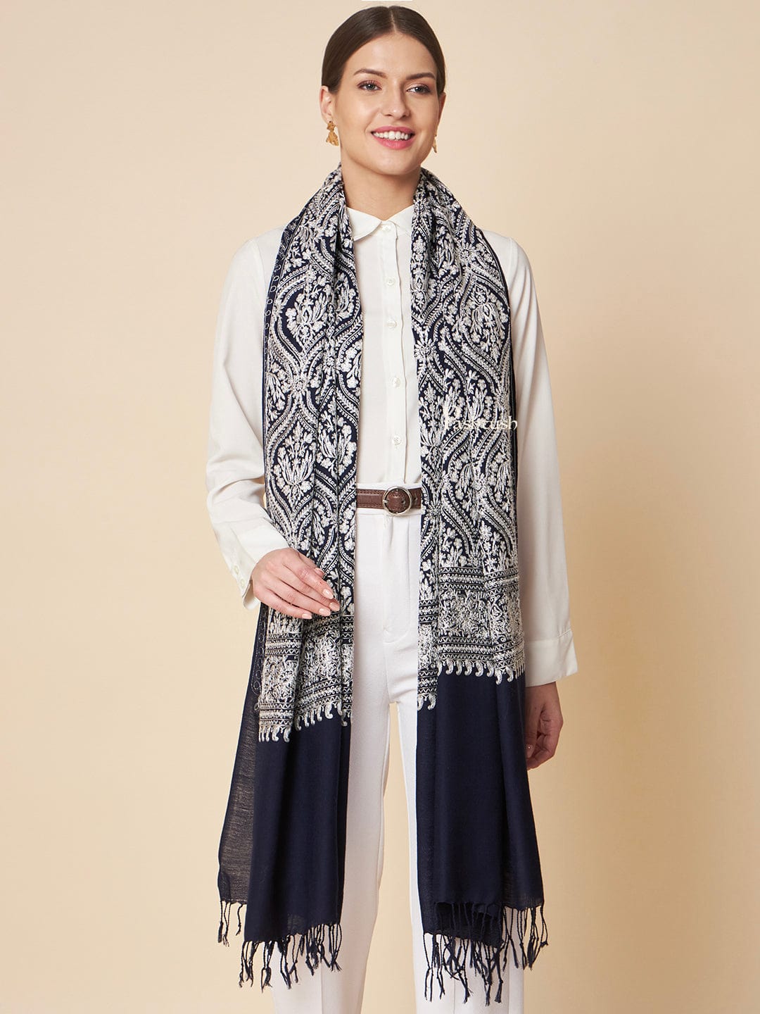 Pashtush India Womens Stoles and Scarves Scarf Pashtush Womens Fine Wool Stole, Silky Nalki Embroidery Design, Navy Blue