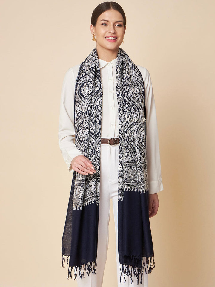 Pashtush India Womens Stoles and Scarves Scarf Pashtush Womens Fine Wool Stole, Silky Nalki Embroidery Design, Navy Blue