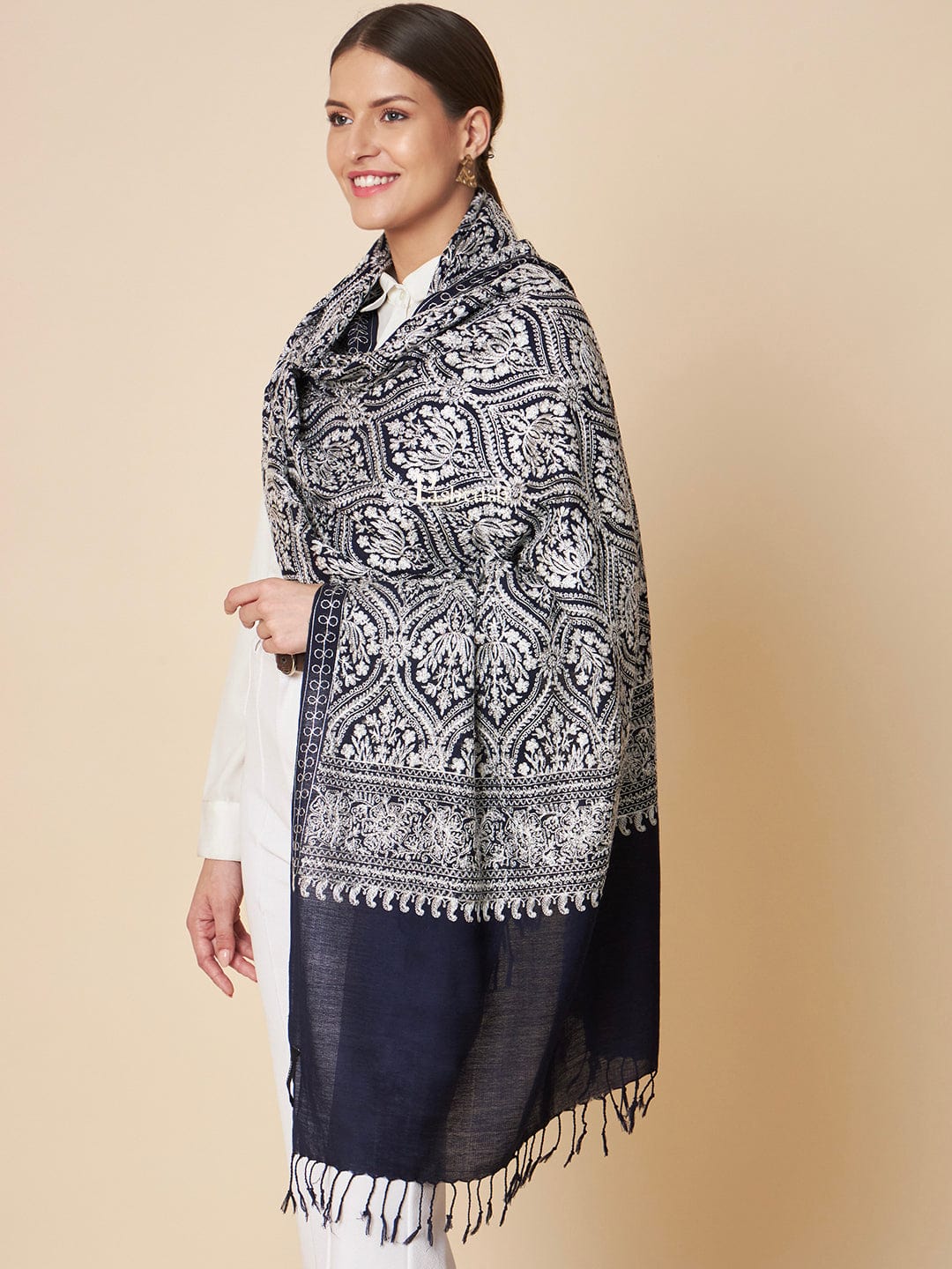 Pashtush India Womens Stoles and Scarves Scarf Pashtush Womens Fine Wool Stole, Silky Nalki Embroidery Design, Navy Blue