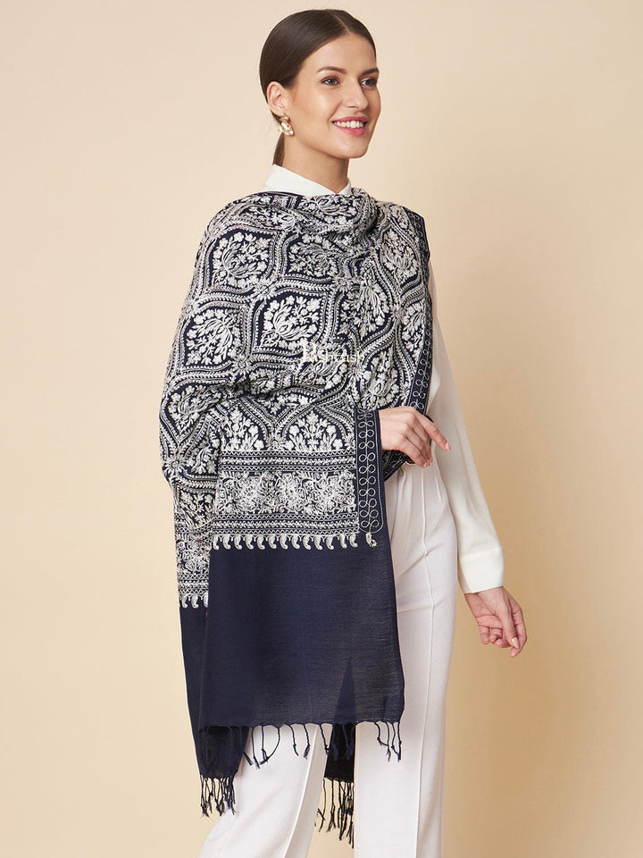 Pashtush India Womens Stoles and Scarves Scarf Pashtush Womens Fine Wool Stole, Silky Nalki Embroidery Design, Navy Blue