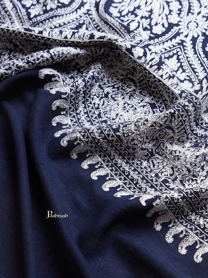Pashtush India Womens Stoles and Scarves Scarf Pashtush Womens Fine Wool Stole, Silky Nalki Embroidery Design, Navy Blue