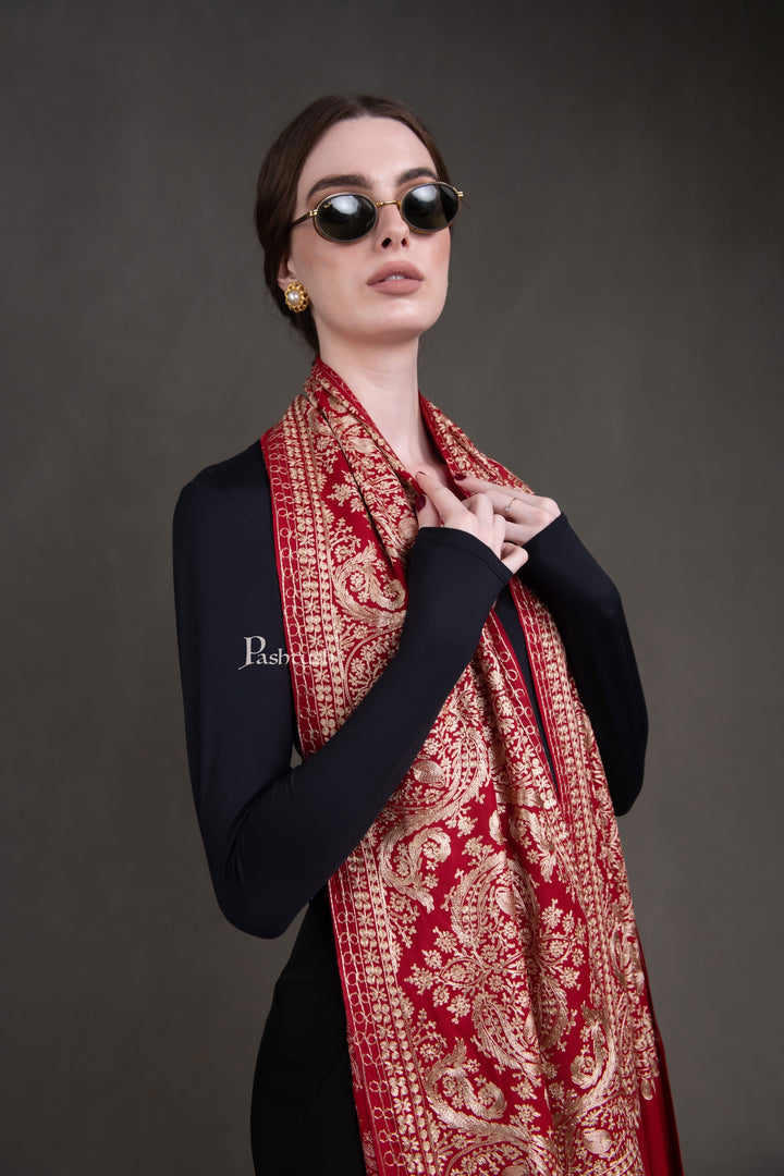 Pashtush India Womens Stoles and Scarves Scarf Pashtush Womens Fine Wool Stole, Silky Thread Nalki Embroidery Design, Red