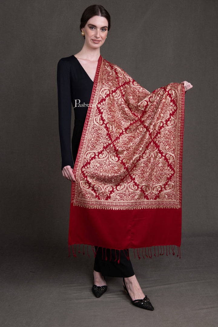 Pashtush India Womens Stoles and Scarves Scarf Pashtush Womens Fine Wool Stole, Silky Thread Nalki Embroidery Design, Red
