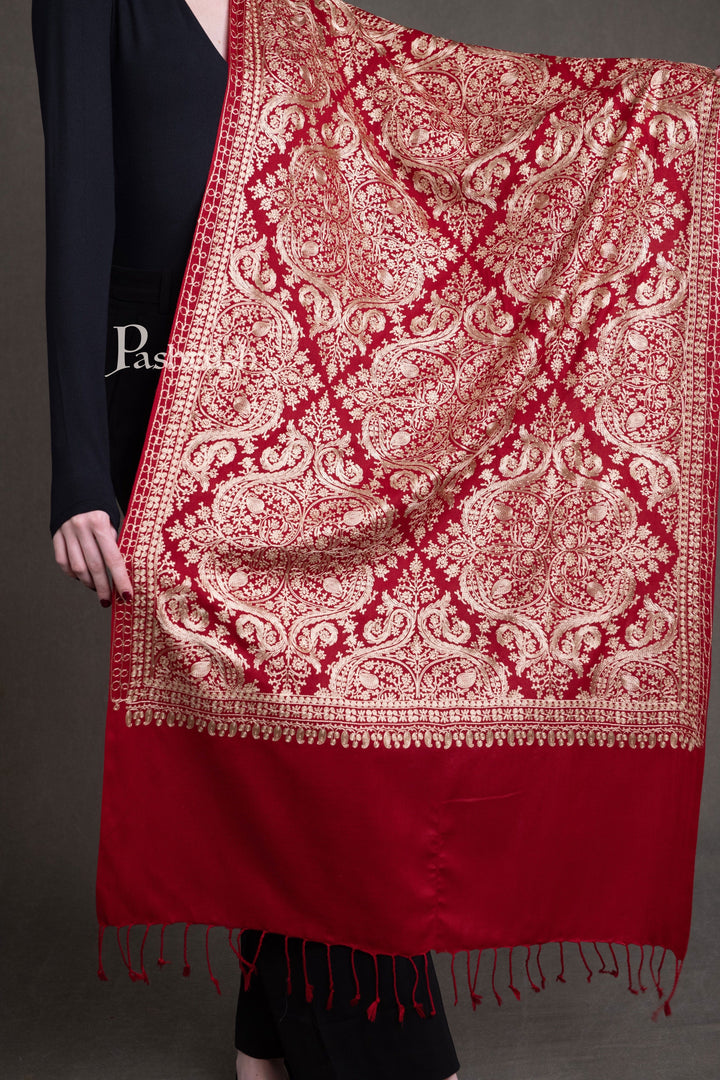 Pashtush India Womens Stoles and Scarves Scarf Pashtush Womens Fine Wool Stole, Silky Thread Nalki Embroidery Design, Red