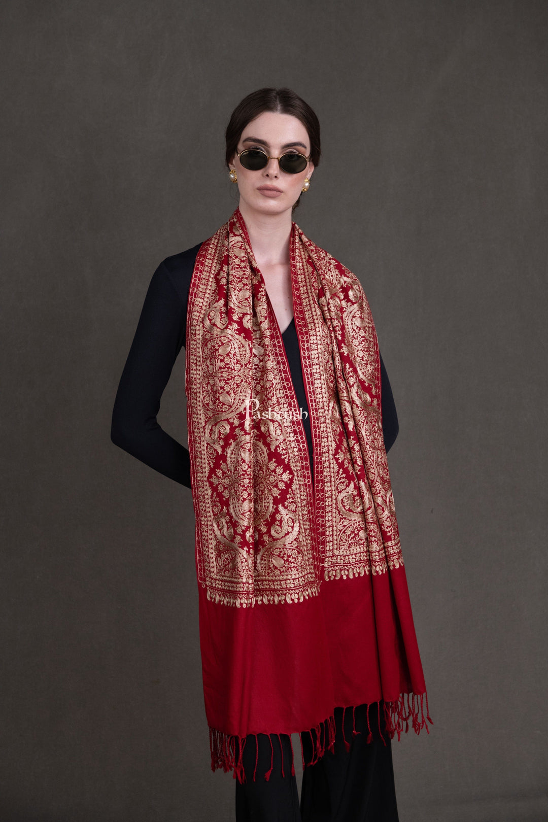 Pashtush India Womens Stoles and Scarves Scarf Pashtush Womens Fine Wool Stole, Silky Thread Nalki Embroidery Design, Red