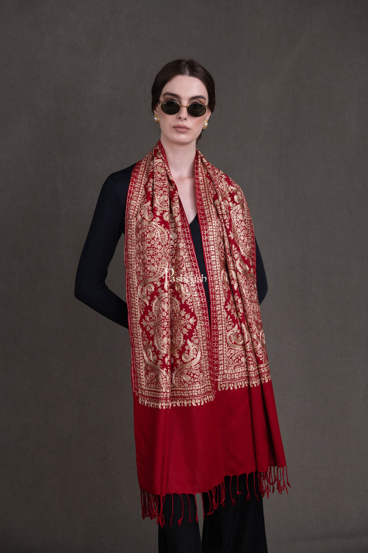Pashtush India Womens Stoles and Scarves Scarf Pashtush Womens Fine Wool Stole, Silky Thread Nalki Embroidery Design, Red