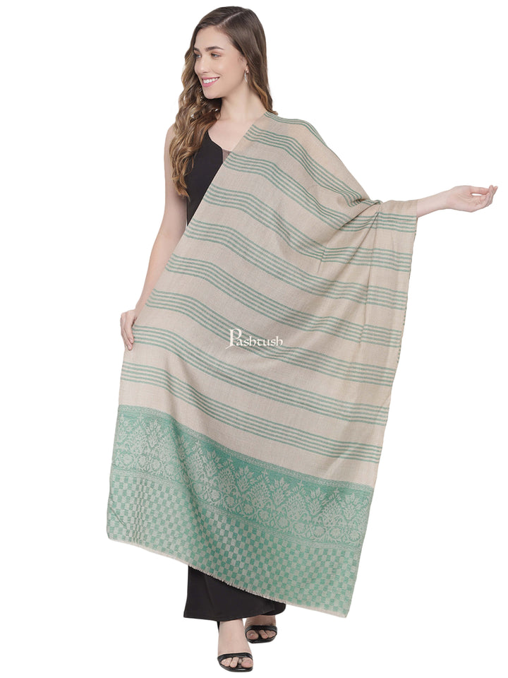 Pashtush India Womens Stoles and Scarves Scarf Pashtush Womens, Fine Wool Stole, Striped Weave, Beige and Green