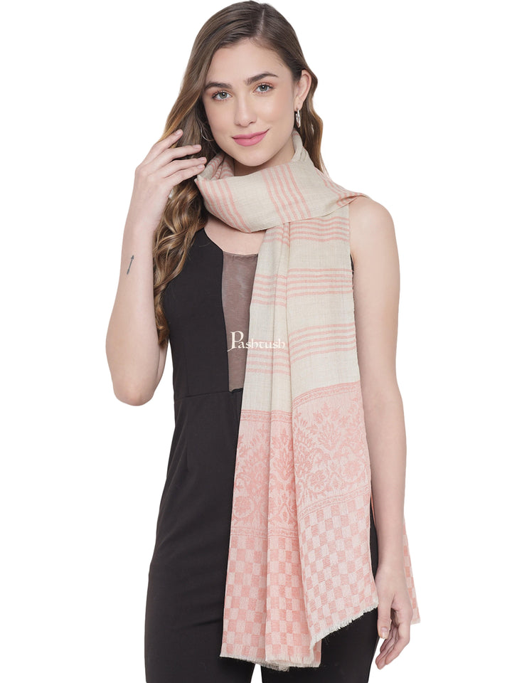 Pashtush India Womens Stoles and Scarves Scarf Pashtush Womens Fine Wool Stole, Striped Weave, Beige and Peach