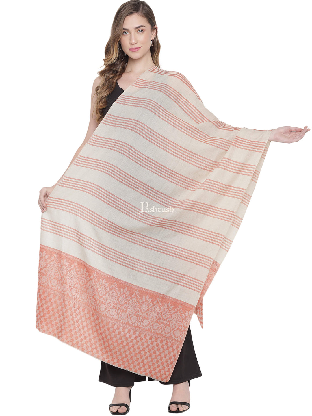 Pashtush India Womens Stoles and Scarves Scarf Pashtush Womens Fine Wool Stole, Striped Weave, Beige and Rust