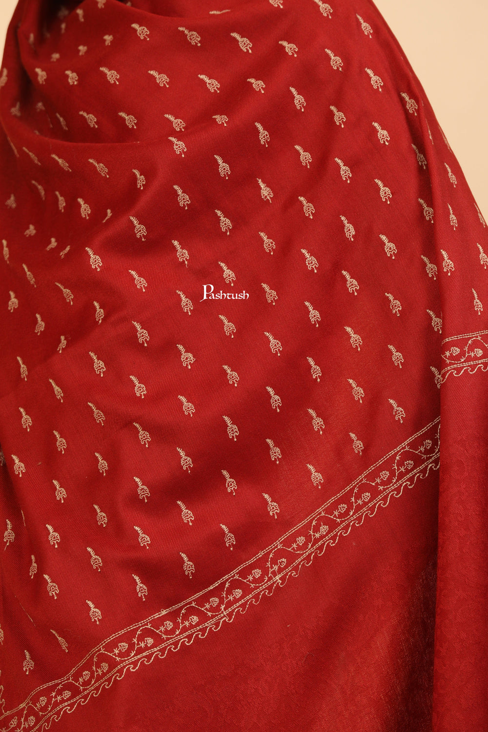 Pashtush India Womens Stoles Pashtush Womens Fine Wool Stole, Tone On Tone Embroidery Design, Maroon