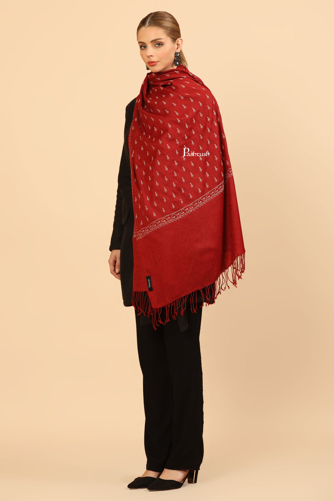 Pashtush India Womens Stoles Pashtush Womens Fine Wool Stole, Tone On Tone Embroidery Design, Maroon