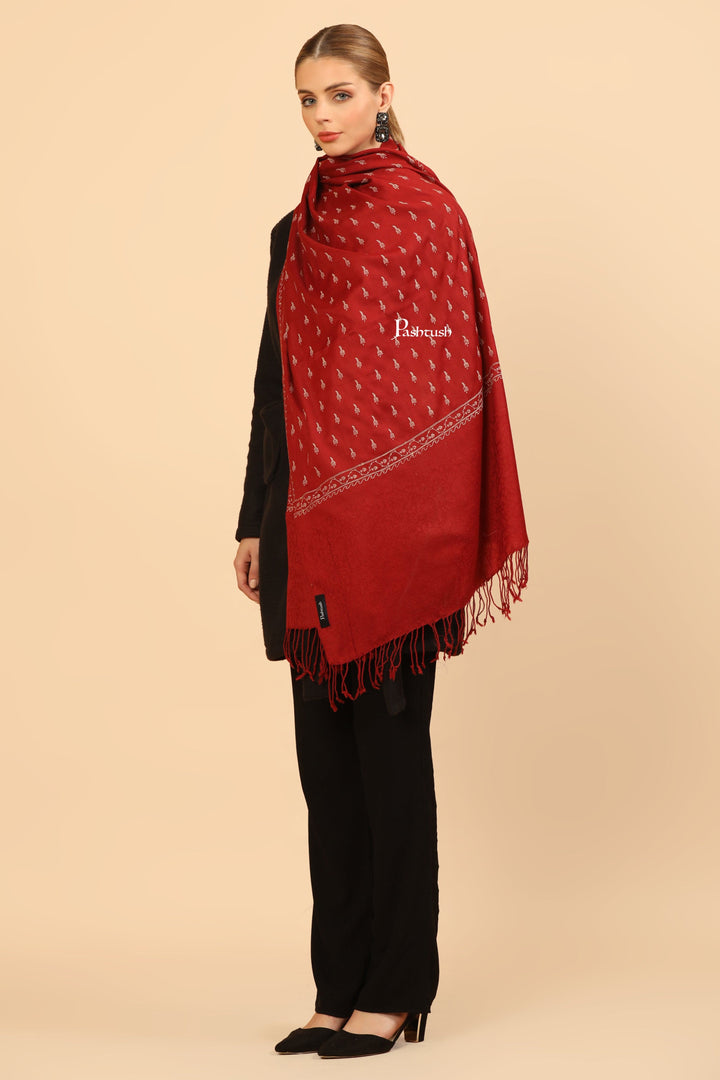 Pashtush India Womens Stoles Pashtush Womens Fine Wool Stole, Tone On Tone Embroidery Design, Maroon