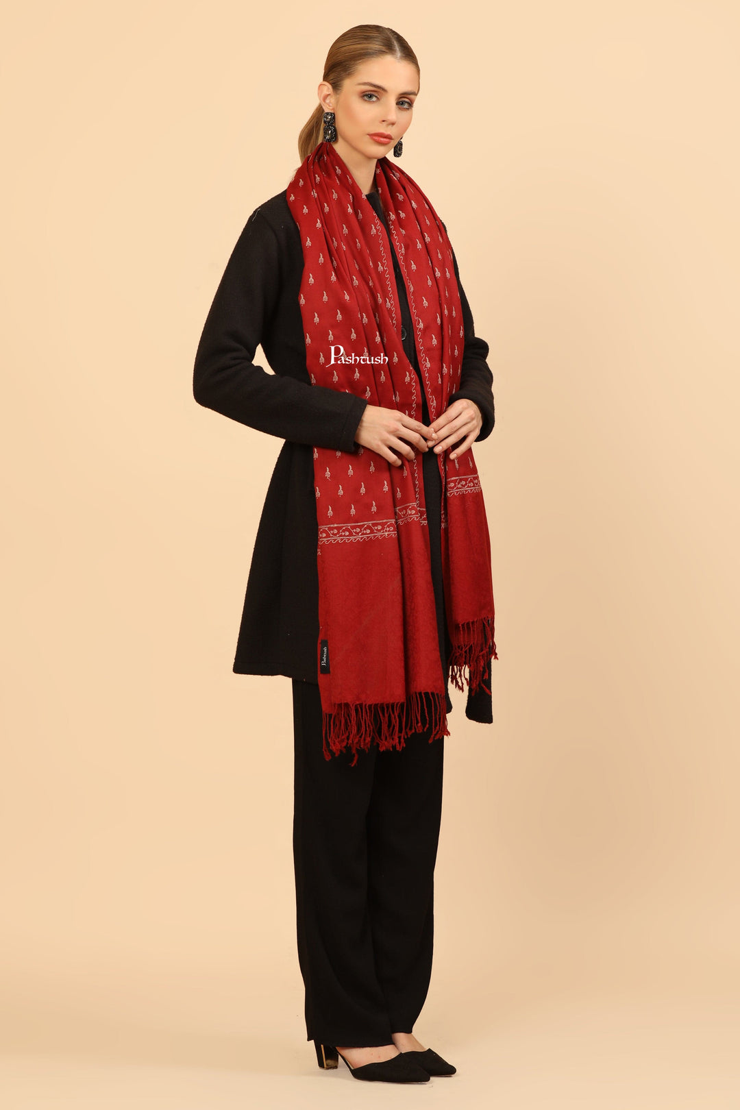 Pashtush India Womens Stoles Pashtush Womens Fine Wool Stole, Tone On Tone Embroidery Design, Maroon