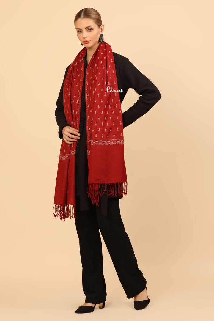 Pashtush India Womens Stoles Pashtush Womens Fine Wool Stole, Tone On Tone Embroidery Design, Maroon