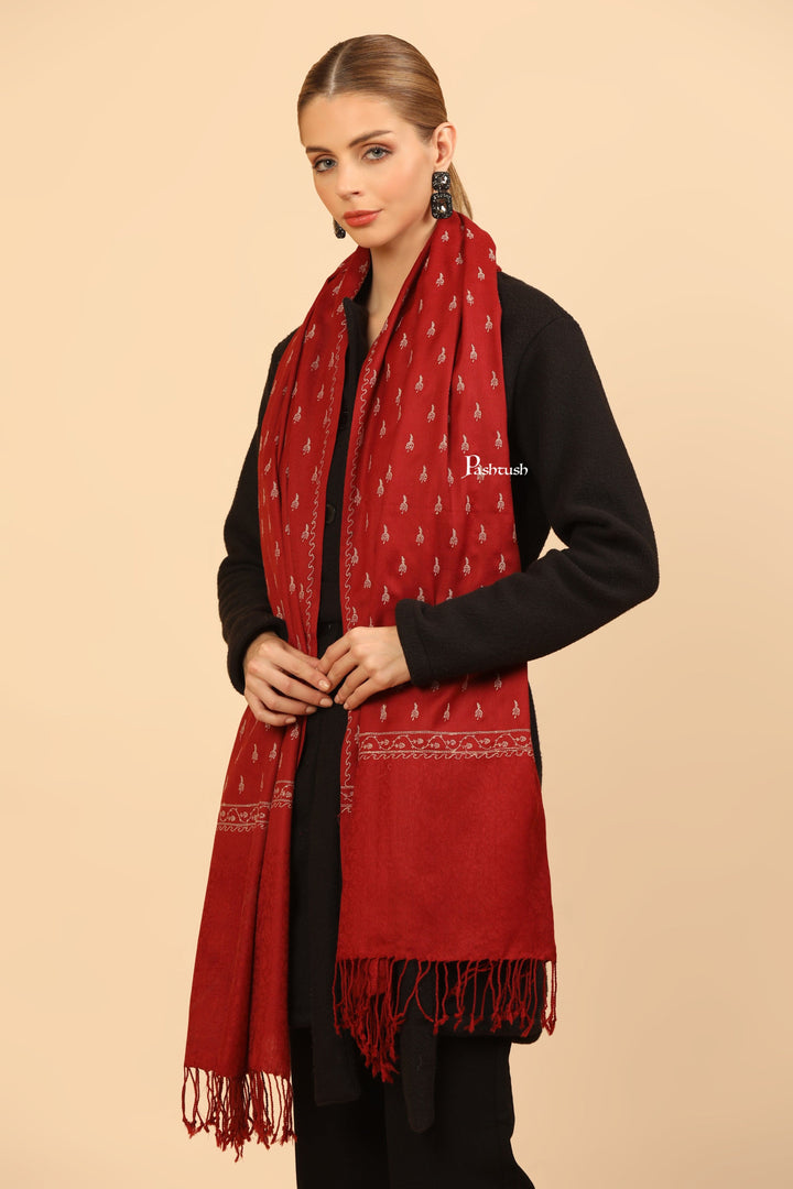 Pashtush India Womens Stoles Pashtush Womens Fine Wool Stole, Tone On Tone Embroidery Design, Maroon
